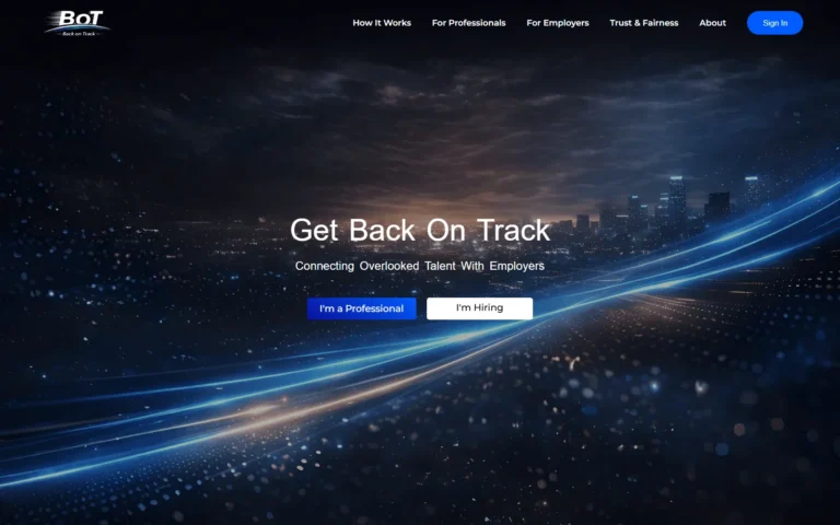 Home page of the Back on Track talent network, with sign-up buttons for professionals and employers