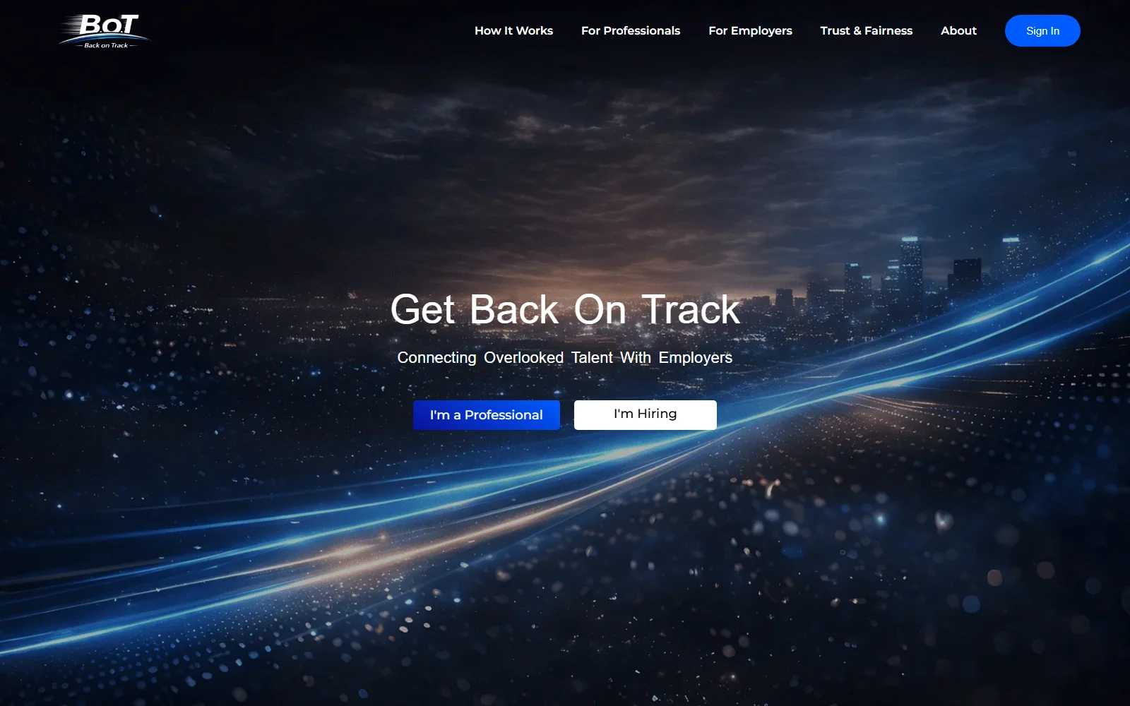 Home page of the Back on Track talent network, with sign-up buttons for professionals and employers