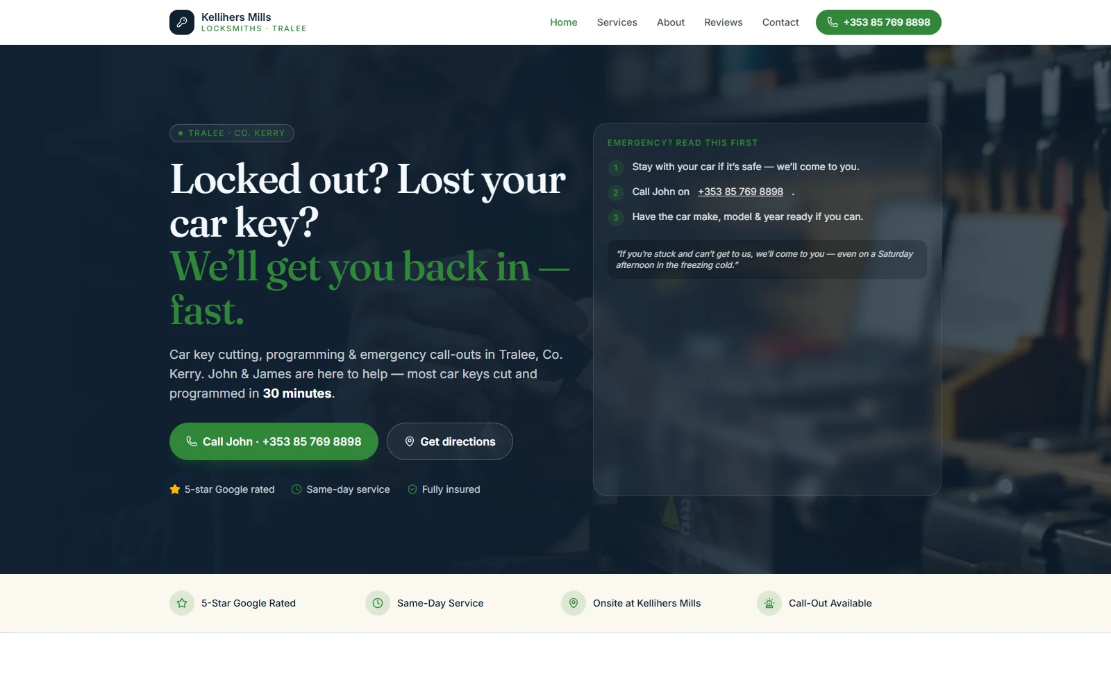 Home page of the Kellihers Mills Locksmiths website with a call button and emergency steps