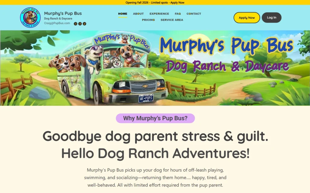 Home page of the Murphy's Pup Bus website, with an illustrated dog bus on a ranch