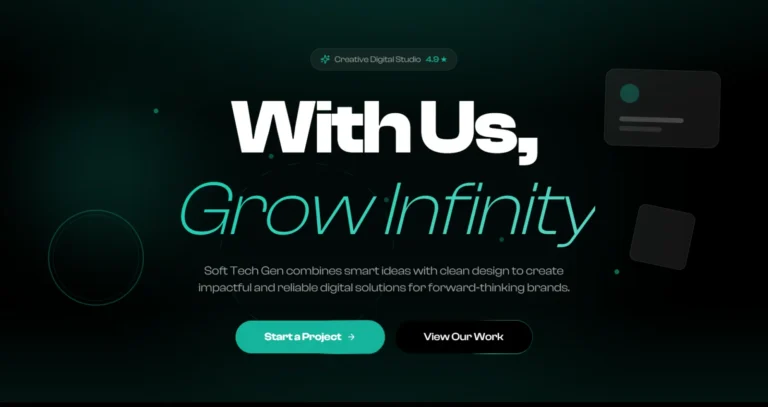 Home page of the STG Soft Tech Gen agency website with the headline With Us, Grow Infinity