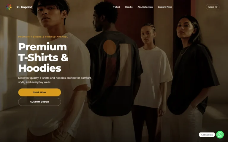 Home page of the XL Imprint store with models wearing T-shirts and Shop Now and Custom Order buttons